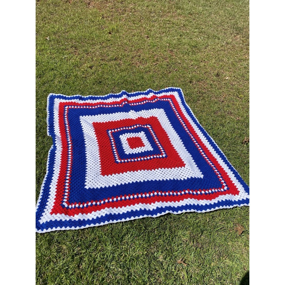 Handmade Crochet Granny Square Blanket Red White Blue Patriotic Afghanā 63x58
